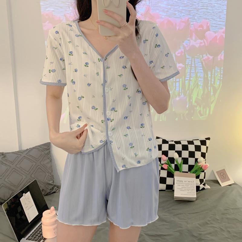 Bộ Đồ Ngủ Ngắn Tay Cổ Chữ v Họa Tiết Hoa Thời Trang Mùa Hè Cho Nữ