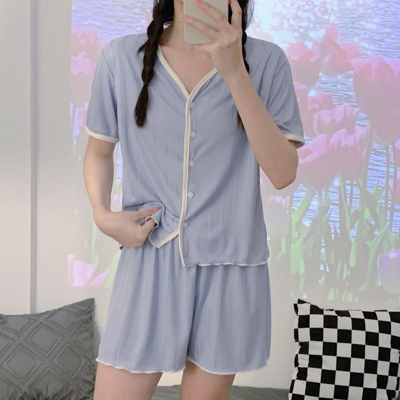 Bộ Đồ Ngủ Ngắn Tay Cổ Chữ v Họa Tiết Hoa Thời Trang Mùa Hè Cho Nữ