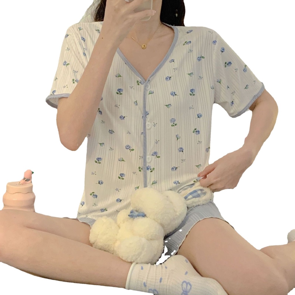 Bộ Đồ Ngủ Ngắn Tay Cổ Chữ v Họa Tiết Hoa Thời Trang Mùa Hè Cho Nữ