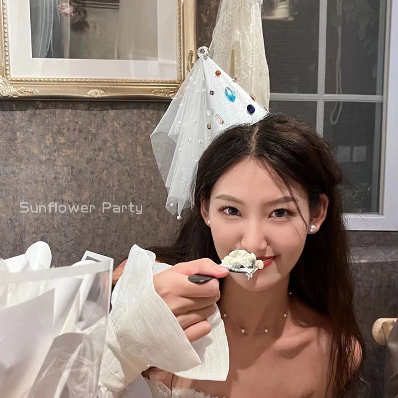 Mũ Sinh Nhật ins Lưới Ngọc Trai Kim Cương Đỏ Kim Cương Hàn Quốc Lưới Đính Ngọc Trai Nhân Tạo Làm Phụ Kiện Chụp Ảnh Cho Trẻ Em