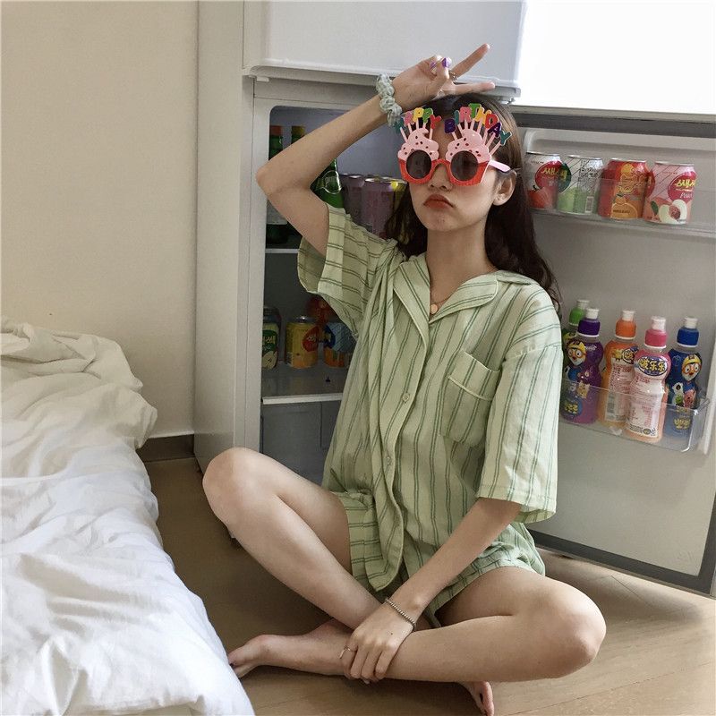 Bộ Đồ Ngủ Ngắn Tay Họa Tiết Kẻ Sọc Thời Trang Mùa Hè Cho Nữ