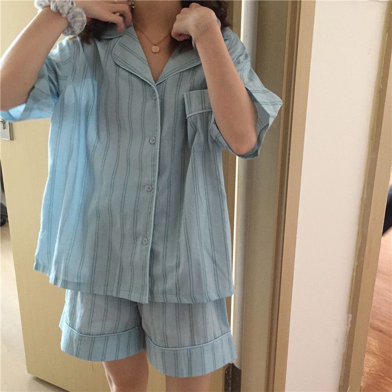 Bộ Đồ Ngủ Ngắn Tay Họa Tiết Kẻ Sọc Thời Trang Mùa Hè Cho Nữ