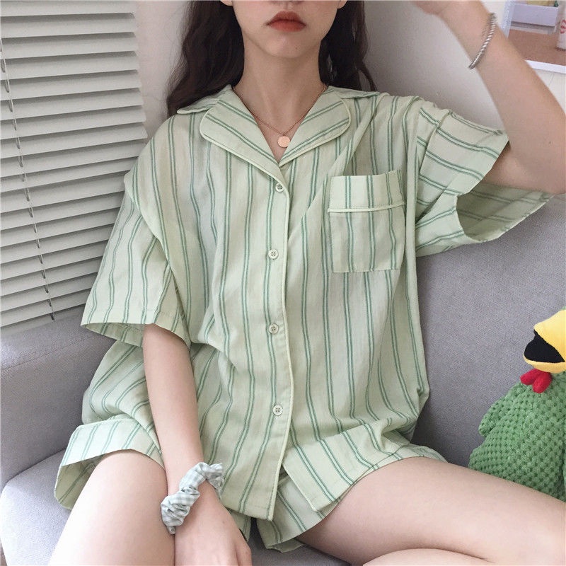 Bộ Đồ Ngủ Ngắn Tay Họa Tiết Kẻ Sọc Thời Trang Mùa Hè Cho Nữ