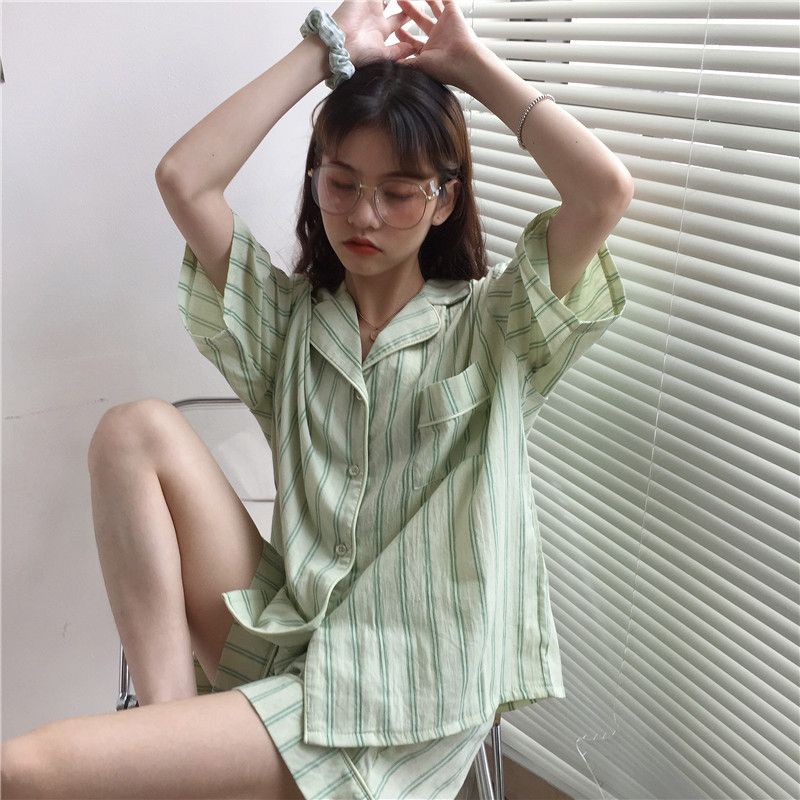 Bộ Đồ Ngủ Ngắn Tay Họa Tiết Kẻ Sọc Thời Trang Mùa Hè Cho Nữ