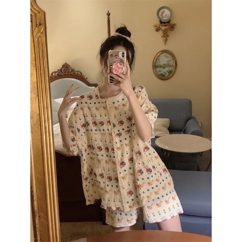 Bộ Đồ Ngủ Tay Ngắn Chất Liệu Cotton Polyester Viền Ren Họa Tiết Gấu Hoạt Hình Dễ Thương Thời Trang Mùa Hè Cho Nữ