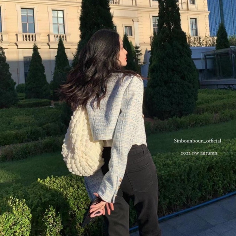Áo khoác dạ tweed xanh, croptop cổ tròn cúc đồng, quảng châu 2 lớp