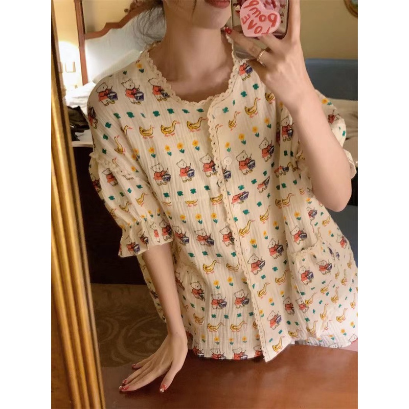 Bộ Đồ Ngủ Tay Ngắn Chất Liệu Cotton Polyester Viền Ren Họa Tiết Gấu Hoạt Hình Dễ Thương Thời Trang Mùa Hè Cho Nữ