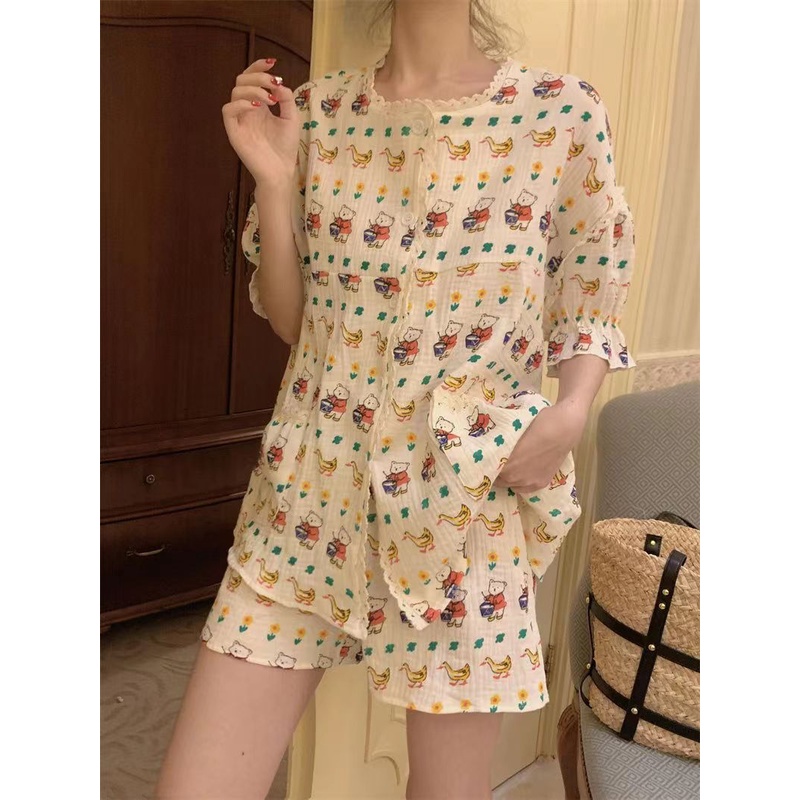 Bộ Đồ Ngủ Tay Ngắn Chất Liệu Cotton Polyester Viền Ren Họa Tiết Gấu Hoạt Hình Dễ Thương Thời Trang Mùa Hè Cho Nữ