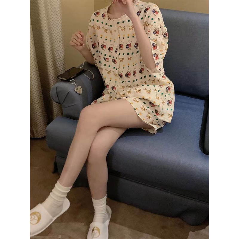 Bộ Đồ Ngủ Tay Ngắn Chất Liệu Cotton Polyester Viền Ren Họa Tiết Gấu Hoạt Hình Dễ Thương Thời Trang Mùa Hè Cho Nữ