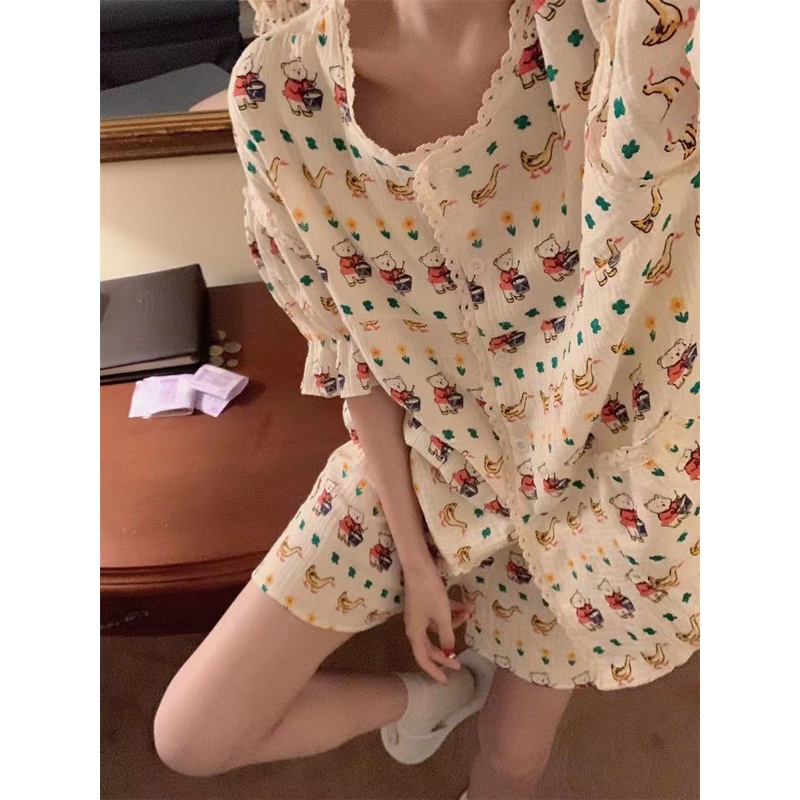 Bộ Đồ Ngủ Tay Ngắn Chất Liệu Cotton Polyester Viền Ren Họa Tiết Gấu Hoạt Hình Dễ Thương Thời Trang Mùa Hè Cho Nữ