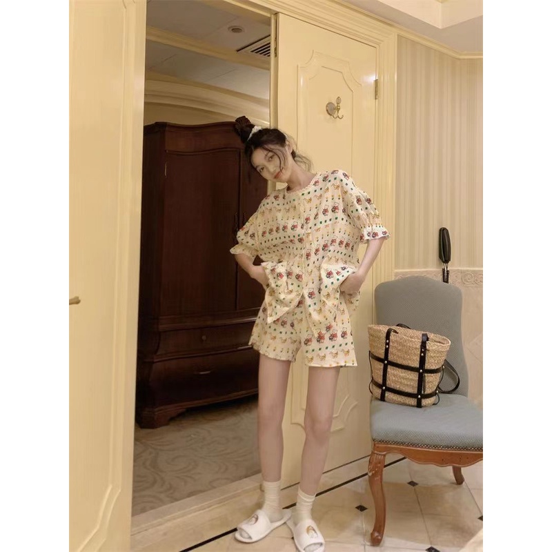 Bộ Đồ Ngủ Tay Ngắn Chất Liệu Cotton Polyester Viền Ren Họa Tiết Gấu Hoạt Hình Dễ Thương Thời Trang Mùa Hè Cho Nữ