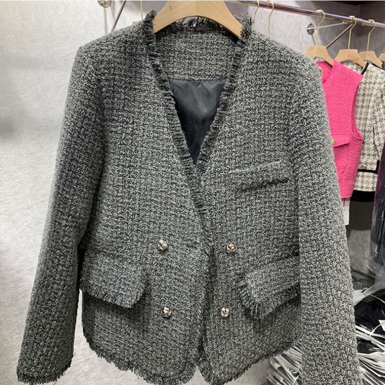 Áo khoác dạ tweed xám, dáng dài, cổ V, Quảng châu cao (STR05) | BigBuy360 - bigbuy360.vn