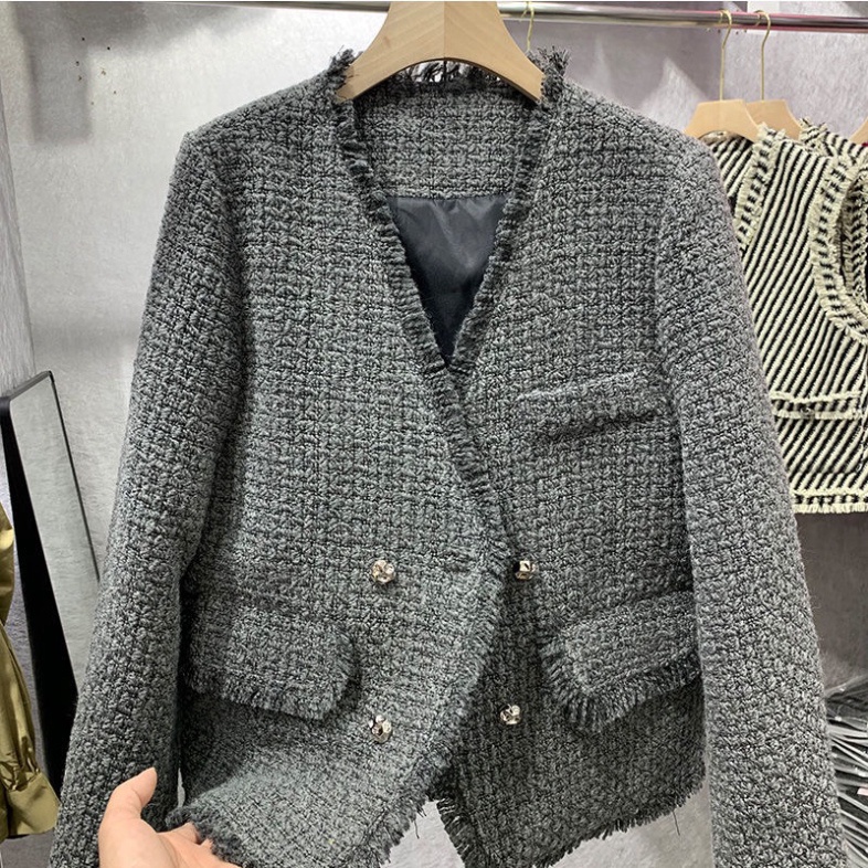 Áo khoác dạ tweed xám, dáng dài, cổ V, Quảng châu cao (STR05) | BigBuy360 - bigbuy360.vn