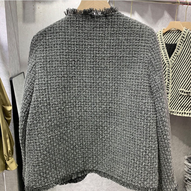 Áo khoác dạ tweed xám, dáng dài, cổ V, Quảng châu cao (STR05) | BigBuy360 - bigbuy360.vn