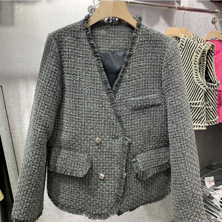 Áo khoác dạ tweed xám, dáng dài, cổ V, Quảng châu cao (STR05) | BigBuy360 - bigbuy360.vn