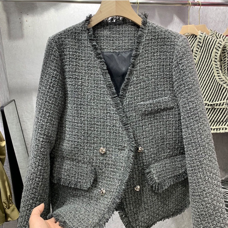 Áo khoác dạ tweed xám, dáng dài, cổ V, Quảng châu cao (STR05) | BigBuy360 - bigbuy360.vn