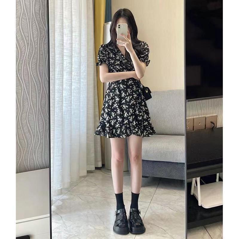 Đầm Dáng Chữ a Họa Tiết Hoa Thiết Kế Chiết Eo Thời Trang Mùa Hè Xinh Xắn Cho Nữ