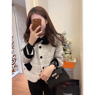 Áo khoác dạ tweed muối tiêu cổ bẻ phối cổ tay nhung