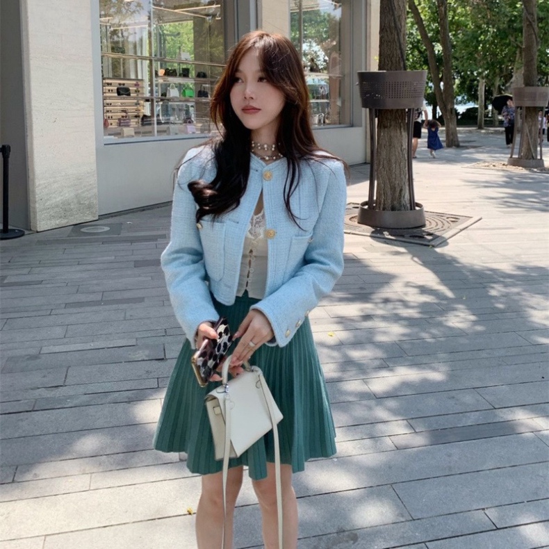Áo khoác dạ tweed, dáng ngắn croptop cổ tròn cúc đồng