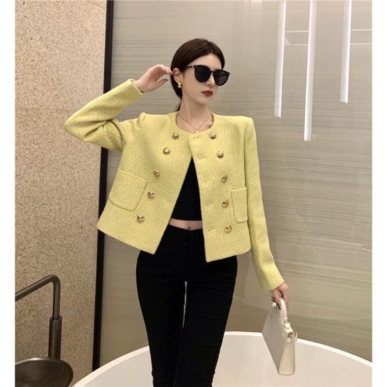 Áo khoác dạ tweed vàng chanh, cúc mạ đồng 2 hàng, quảng châu 2 lớp