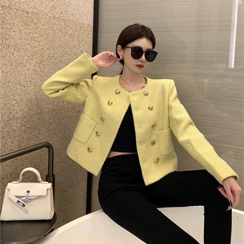 Áo khoác dạ tweed vàng chanh, cúc mạ đồng 2 hàng, quảng châu 2 lớp