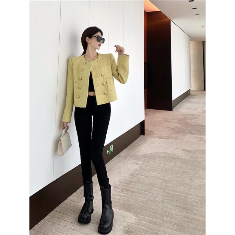 Áo khoác dạ tweed vàng chanh, cúc mạ đồng 2 hàng, quảng châu 2 lớp