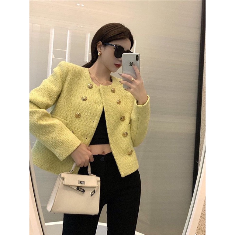 Áo khoác dạ tweed vàng chanh, cúc mạ đồng 2 hàng, quảng châu 2 lớp
