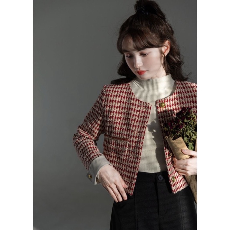 Áo khoác dạ tweed cổ tròn kẻ đỏ, dáng ngắn, quảng châu 2 lớp