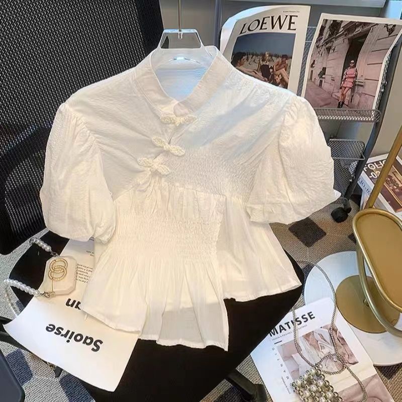 Áo Sơ Mi Ngắn Tay Phồng Cổ Đứng Cài Nút Kiểu Cách Pháp Thời Trang Cho Nữ 6.21