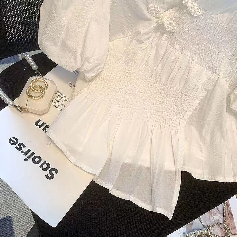 Áo Sơ Mi Ngắn Tay Phồng Cổ Đứng Cài Nút Kiểu Cách Pháp Thời Trang Cho Nữ 6.21