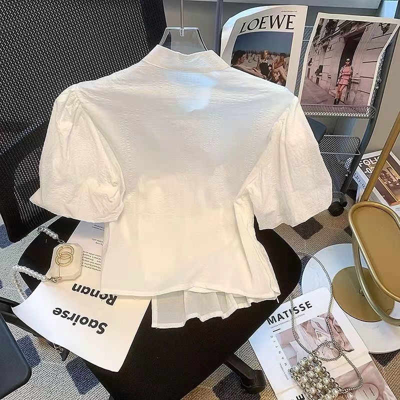 Áo Sơ Mi Ngắn Tay Phồng Cổ Đứng Cài Nút Kiểu Cách Pháp Thời Trang Cho Nữ 6.21