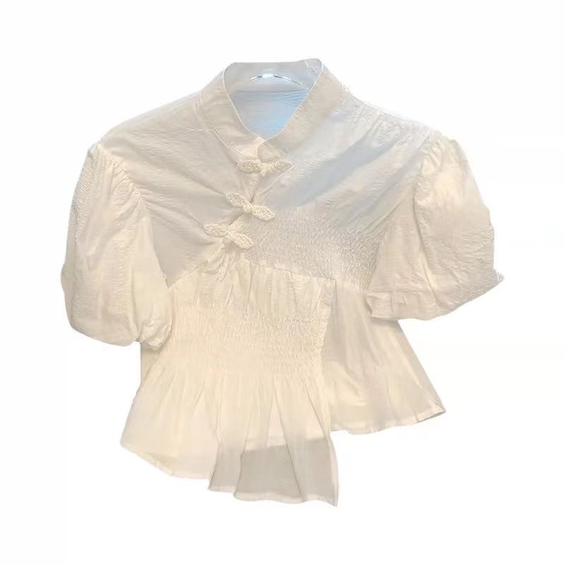 Áo Sơ Mi Ngắn Tay Phồng Cổ Đứng Cài Nút Kiểu Cách Pháp Thời Trang Cho Nữ 6.21