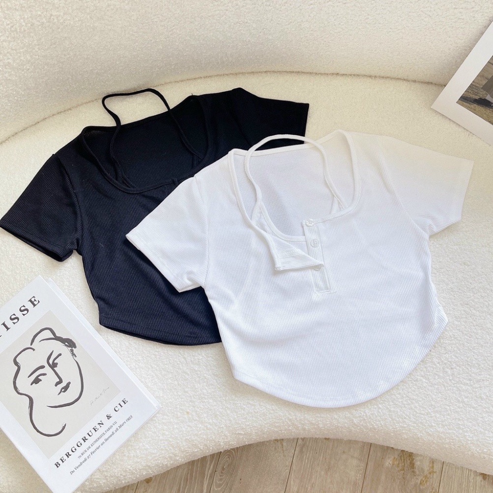 Sét áo croptop ôm, áo croptop LANA tay ngắn kiểu yếm phối nút vạt bầu (mã LA07) | BigBuy360 - bigbuy360.vn