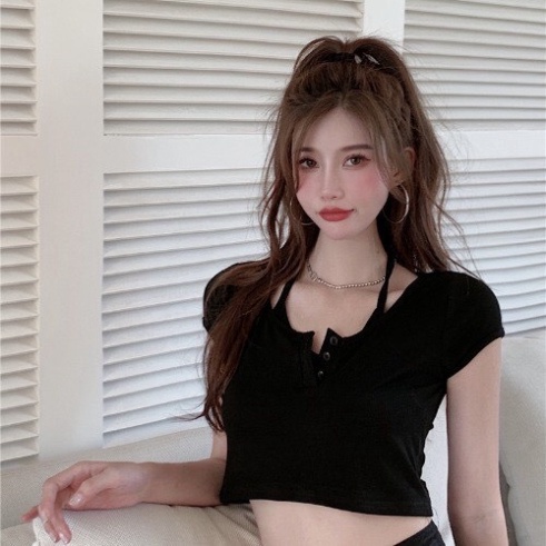 Sét áo croptop ôm, áo croptop LANA tay ngắn kiểu yếm phối nút vạt bầu (mã LA07) | BigBuy360 - bigbuy360.vn
