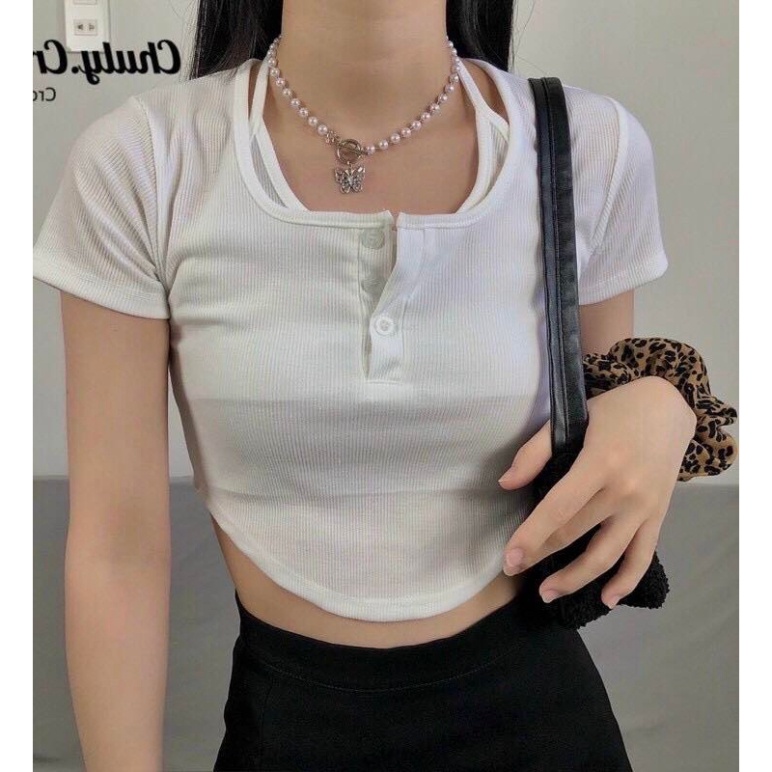 Sét áo croptop ôm, áo croptop LANA tay ngắn kiểu yếm phối nút vạt bầu (mã LA07) | BigBuy360 - bigbuy360.vn