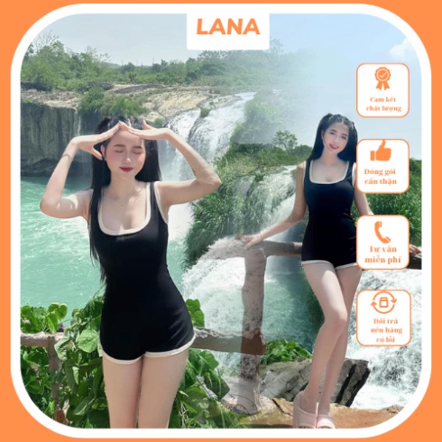 Sét Jum Body Đen Viền Trắng Basic, Sét Đồ Nữ Đi Biển Hai Dây Bản To Áo Liền Quần (Mã La01)