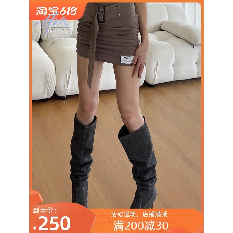 Giày Bốt Cao Bồi Mũi Nhọn Ống Rộng Phong Cách Retro Mỹ Cho Nữ