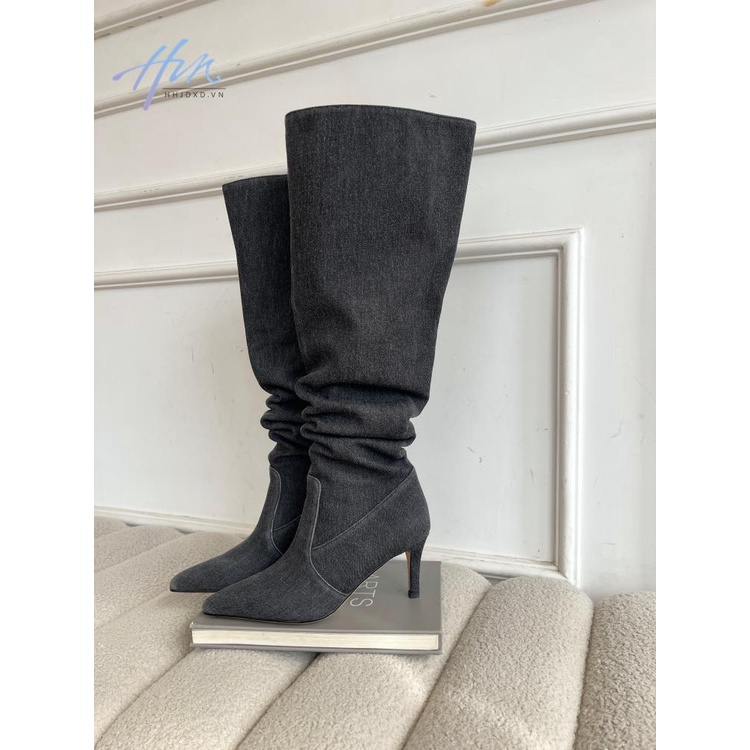 Giày Bốt Cao Bồi Mũi Nhọn Ống Rộng Phong Cách Retro Mỹ Cho Nữ