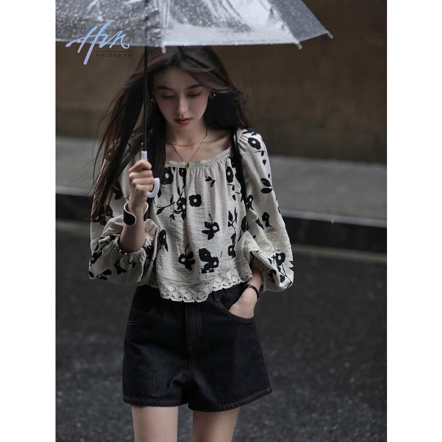 Áo Sơ Mi Nữ Tay Dài Dáng Rộng Phối Ren In Họa Tiết Phong Cách Pháp Cổ Điển Thời Trang Mùa Hè