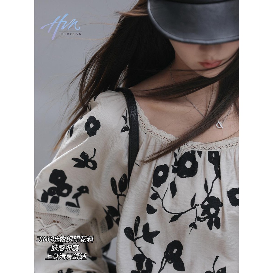Áo Sơ Mi Nữ Tay Dài Dáng Rộng Phối Ren In Họa Tiết Phong Cách Pháp Cổ Điển Thời Trang Mùa Hè