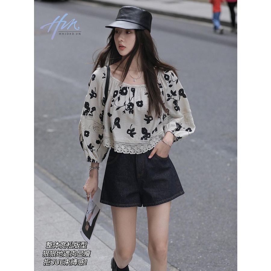 Áo Sơ Mi Nữ Tay Dài Dáng Rộng Phối Ren In Họa Tiết Phong Cách Pháp Cổ Điển Thời Trang Mùa Hè