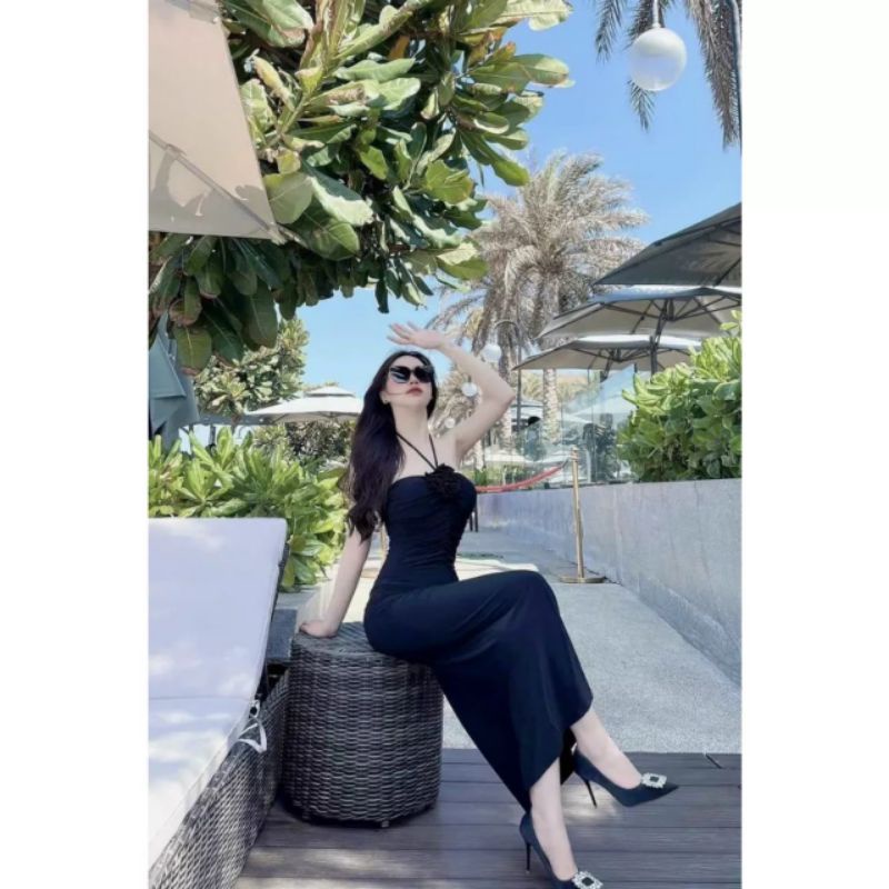 Đầm Ống Đính Hoa Ngực Cột Dây Cổ Yếm V - Dài Maxi Nhún Eo Xòe Đuôi Cá Ôm Body Sexy - Tiểu Thư Bánh Bèo Cute Sang Chảnh