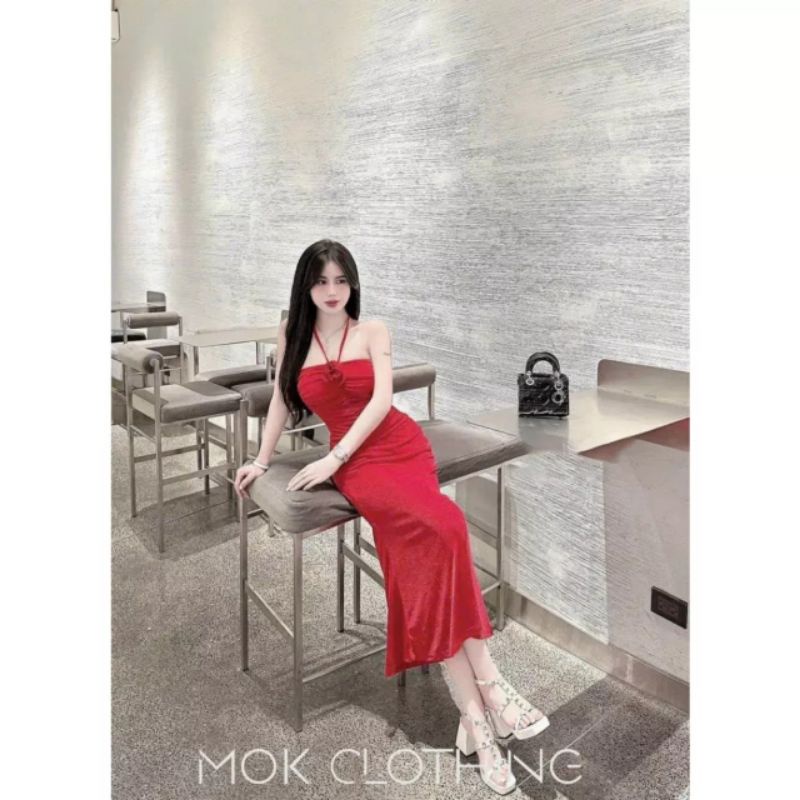 Đầm Ống Đính Hoa Ngực Cột Dây Cổ Yếm V - Dài Maxi Nhún Eo Xòe Đuôi Cá Ôm Body Sexy - Tiểu Thư Bánh Bèo Cute Sang Chảnh