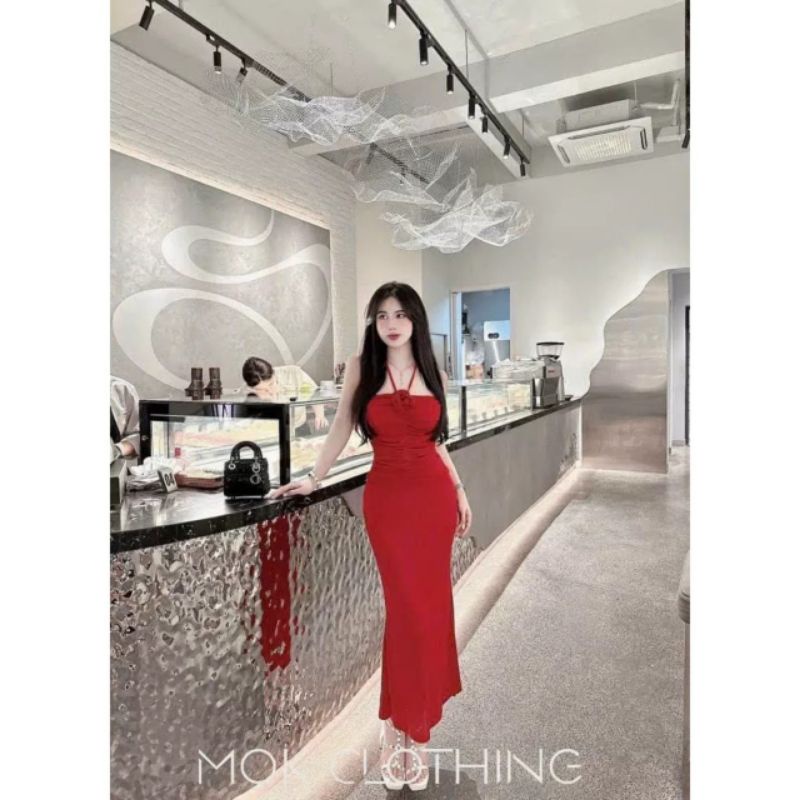 Đầm Ống Đính Hoa Ngực Cột Dây Cổ Yếm V - Dài Maxi Nhún Eo Xòe Đuôi Cá Ôm Body Sexy - Tiểu Thư Bánh Bèo Cute Sang Chảnh