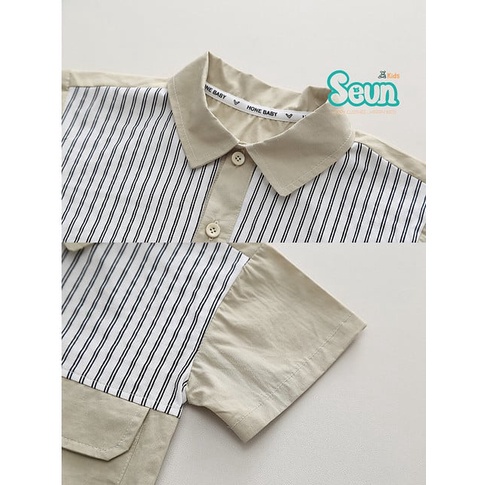 Set sơ mi bé trai áo phối sọc dọc có 2 túi phía trước be đen