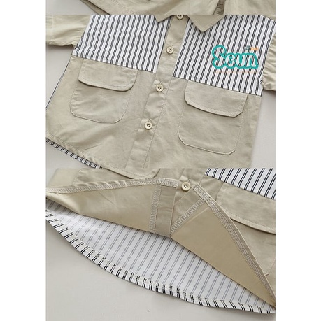 Set sơ mi bé trai áo phối sọc dọc có 2 túi phía trước be đen