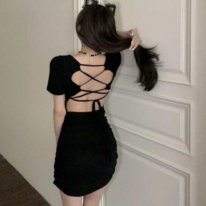 Jiashucheng Đầm Ngắn Tay Màu Đen Phối Dây Cột Gợi Cảm Phong Cách Mới Mùa Hè Cho Nữ