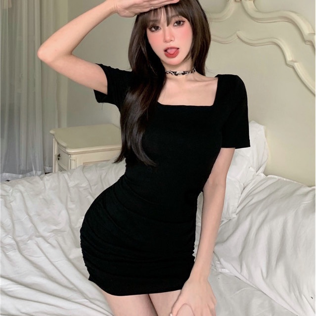 Jiashucheng Đầm Ngắn Tay Màu Đen Phối Dây Cột Gợi Cảm Phong Cách Mới Mùa Hè Cho Nữ