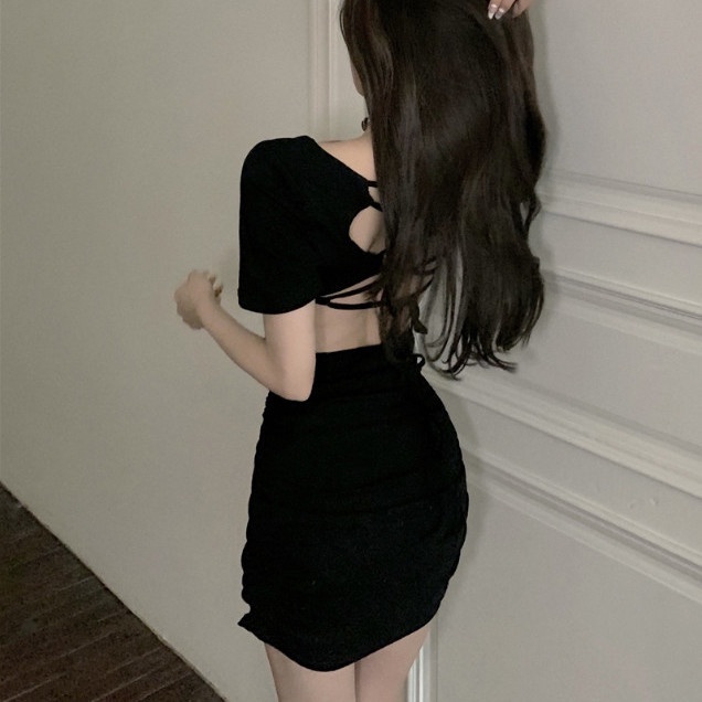 Jiashucheng Đầm Ngắn Tay Màu Đen Phối Dây Cột Gợi Cảm Phong Cách Mới Mùa Hè Cho Nữ