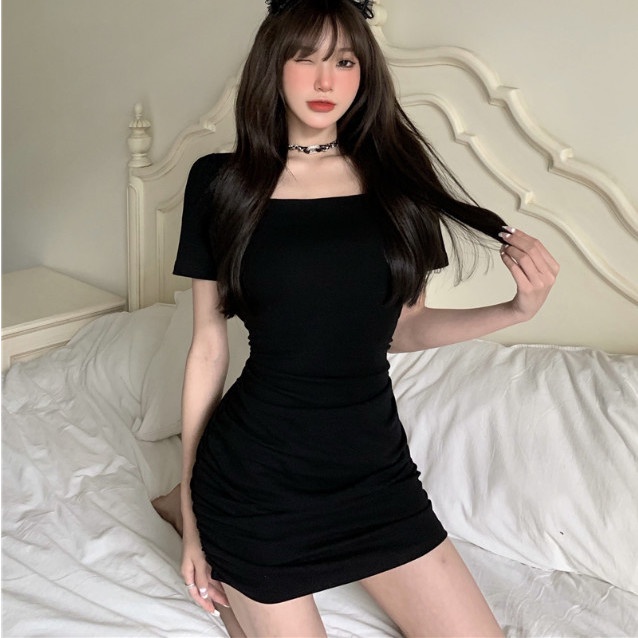 Jiashucheng Đầm Ngắn Tay Màu Đen Phối Dây Cột Gợi Cảm Phong Cách Mới Mùa Hè Cho Nữ